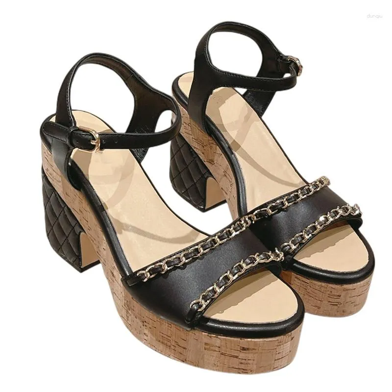 Elegant platform Zomersandalen vrouwen dikke sandaal designer kettingschoen Hoog blok dikke hak open ronde teen echt lederen enkelband 963 307