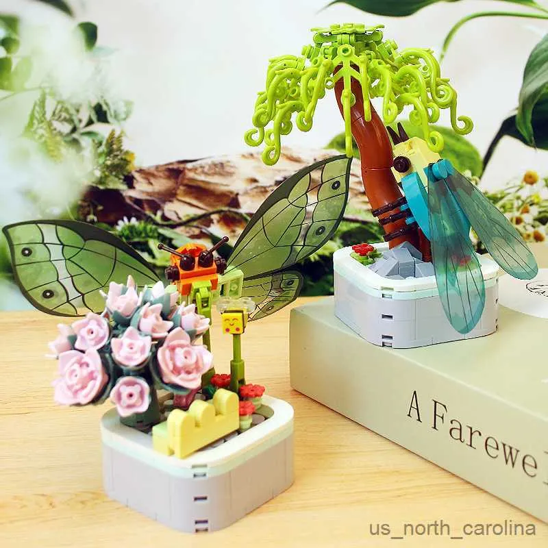 Blocos de criatividade buquê de flores bonsai plantio borboleta cicada libélula modelo blocos de construção brinquedos para crianças presente r230904