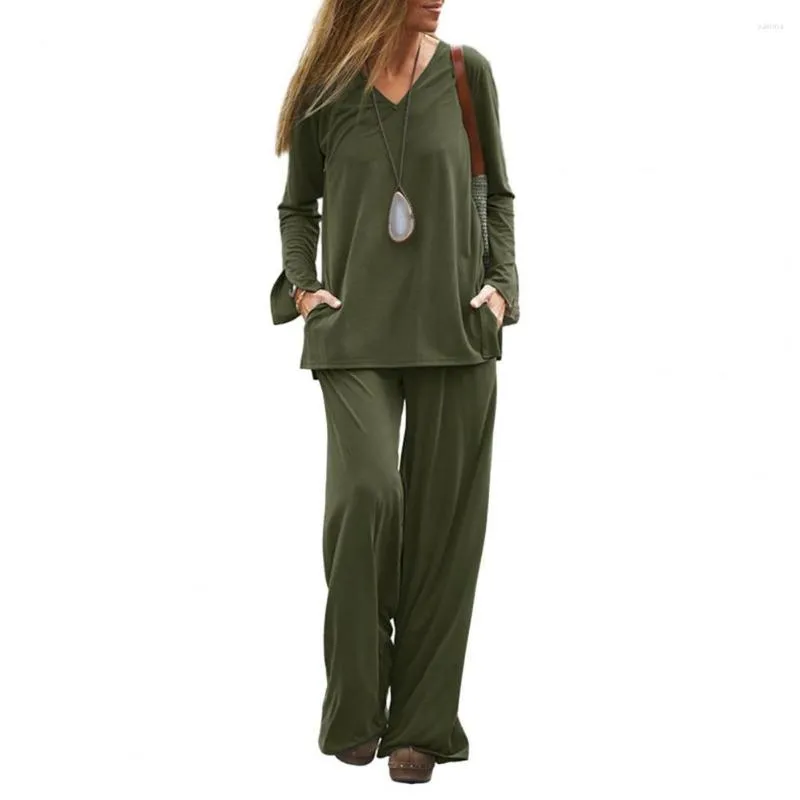 Set di pantaloni a due pezzi da donna per donna Casaul con scollo a V, outfit casual, top a maniche lunghe con elastico in vita e gamba larga