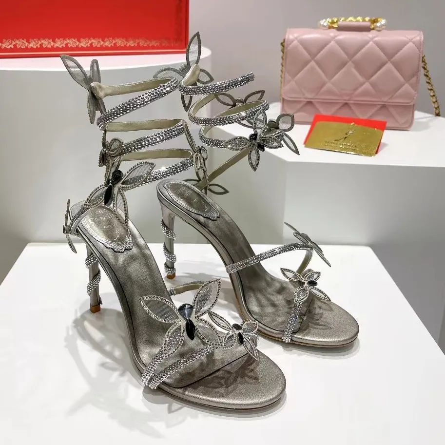 Rene Caovilla High Heel Sandals Fashion Rhinestone Decoration Luxury Designer Shoes 9.5cm klackar Kvinnor Satin Snake Inslagna fjärilsblomma Öppna tå Bröllopsskor
