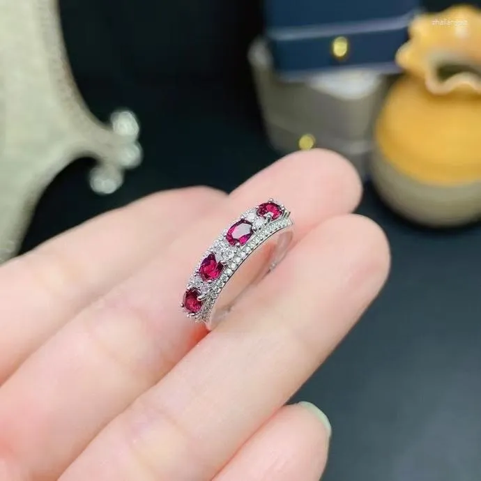 クラスターリングのクラシック925シルバーバンドリングパーティー3mm 4mmナチュラルガーネットスターリングジュエリーギフトガール