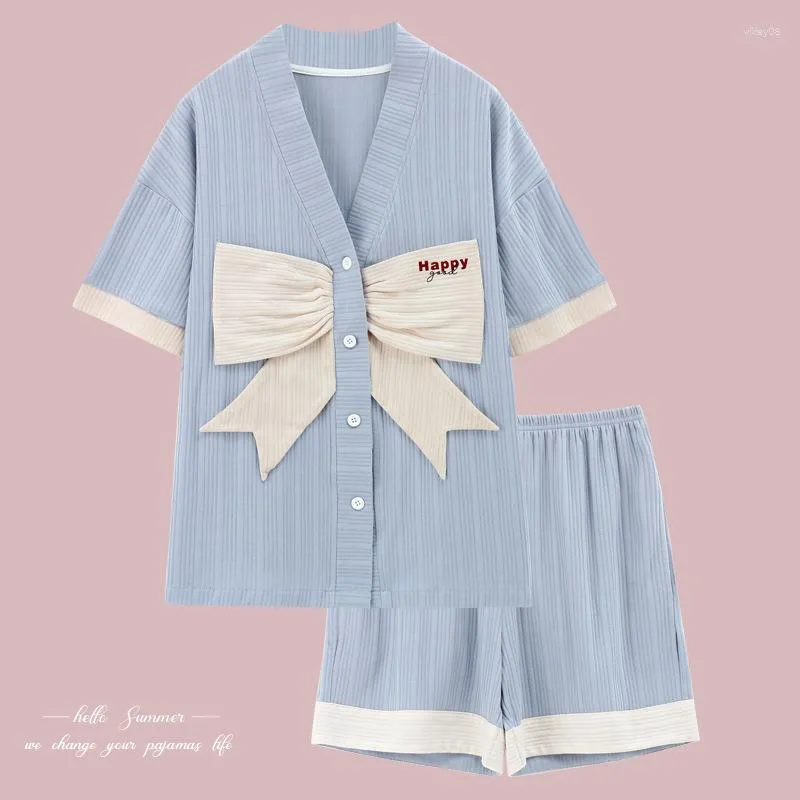 Women's Sleepwear Bow-knot Cute Short Sleeves Sleep Tops Pant For Girl Women V Neck Cotton Loose Homewear Cardigan Suit Pijamas