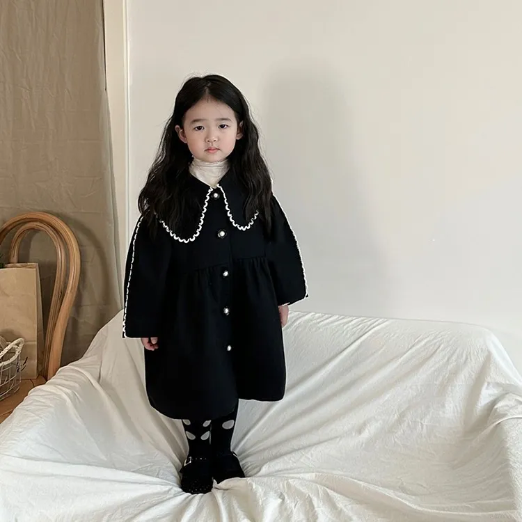 Girls trench coat kids big wave lapel pearls flower single breasted long sleeve outwear autumn children princess coat Z3837