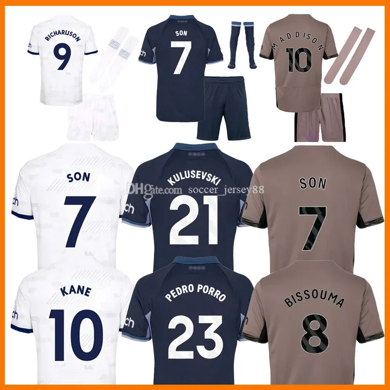 23 24 Jerseys de futebol Hojbjerg Home White Away 2023 2024 Lucas Dele Terceiro 3º Camisas de futebol Jersey Homens Mulheres Crianças Kit Kane Son Tottenham Kulusevski uniformes