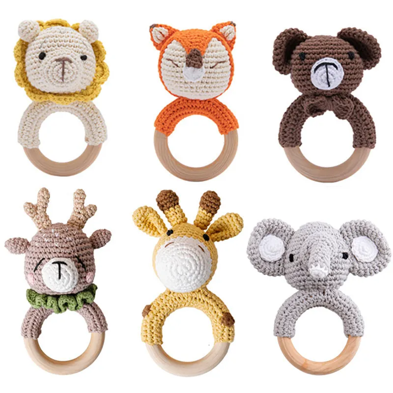 Rattles Mobiles 5PC Baby Rattle Toys Cartton Animal Crochet Wooden Rings DIY Crafts Teething Amigurumi For Cot Hanging Toy 230901