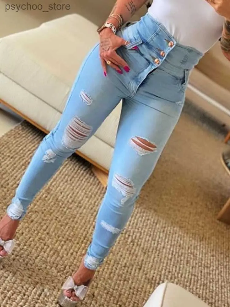 Jeans Para Mujer Jeans Para Mujer Tendencia Otono 2023 Moda Cintura Alta Recorte Con Botones Rasgado Casual Flaco Diseno De Bolsillo Liso Jeans Diarios Q230904 802 DHgate