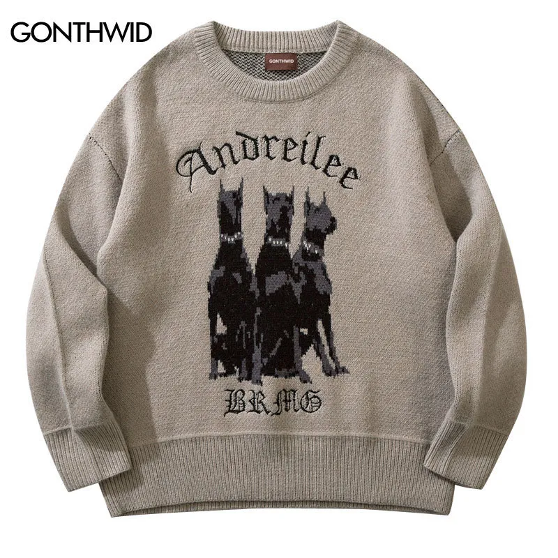 Heren Truien Mannen Vintage Trui Y2K Streetwear Hip Hop Vintage Gebreide Doberman Hond Truien Herfst Harajuku Mode Retro Casual Truien 230901