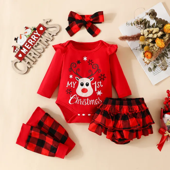 Clothing Sets ma baby 018M Christmas born Infant Baby Girl Clothes Set Letter Deer Romper Plaid Shorts Headband Leg Warmer Xmas Outfit D05 230901