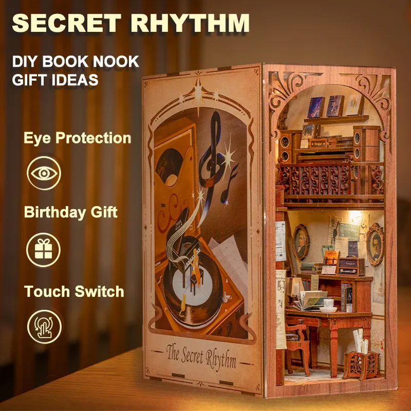 Acessórios para casa de boneca CUTEBEE DIY Book Nook Kit Casa em miniatura Idéias para presentes com capa de poeira Touch Light Secret Rhythm Craft Toys para presente de aniversário 230904