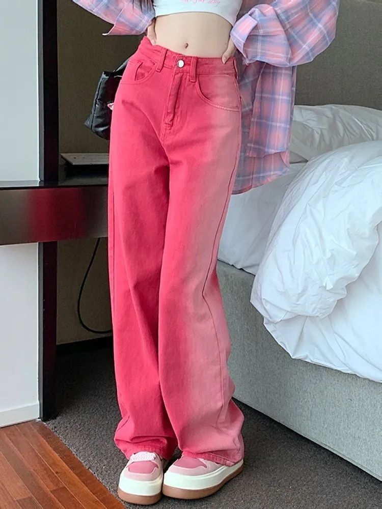 Dżinsy dla kobiet różowe gradient retro styl projektowania amerykański Y2K Spice dziewczęta proste nogi szerokie spodnie 2023 1130901