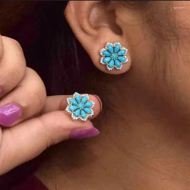 Stud -oorbellen Boheemse vrouwelijke blauwe stenen sneeuwvlok voor vrouwen zilveren goud kleur kristal dubbele bloem bruiloft oor noppen sieraden