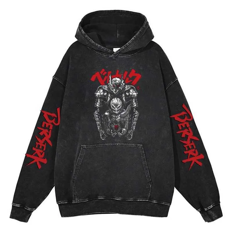 Hoodies Sweatshirts Men's Dark Berserk Anime Washed Hoodie Guts Eyes Printed Retro Sweatshirt High Street Hip Hop Pullovers Causal Unisex Clothes LST230902