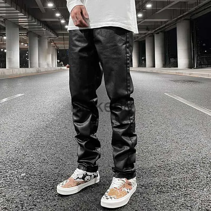 Мужские брюки Harajuku Черные брюки из искусственной кожи для мужчин Y2K Уличная одежда Мешковатые прямые повседневные брюки унисекс Хип-хоп Негабаритные свободные брюки J230904