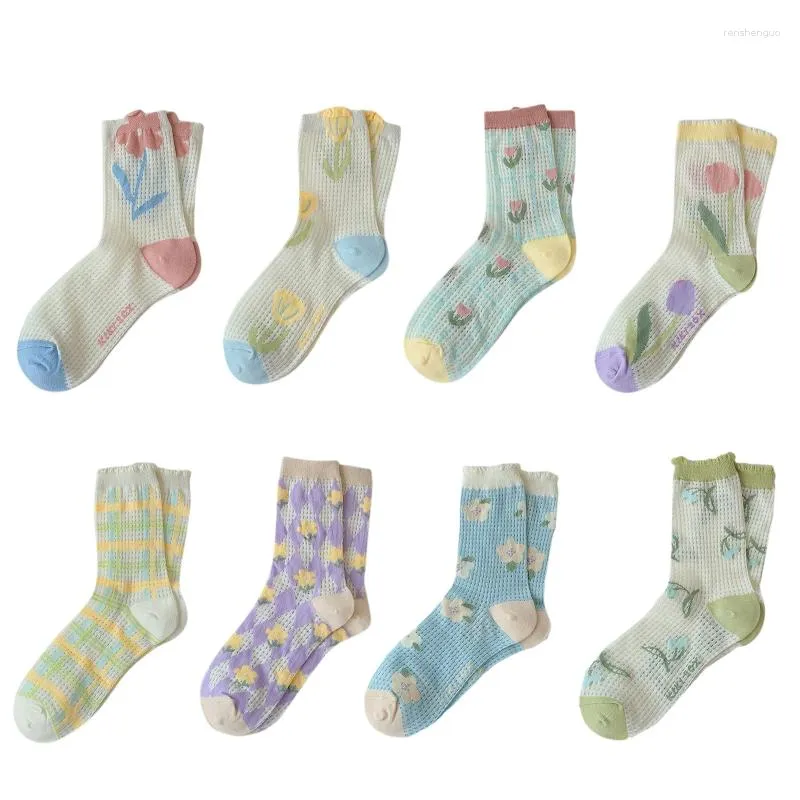 Chaussettes de Style coréen pour femmes, Tube central à motifs de fleurs de tulipes, jolie bonneterie d'équipage