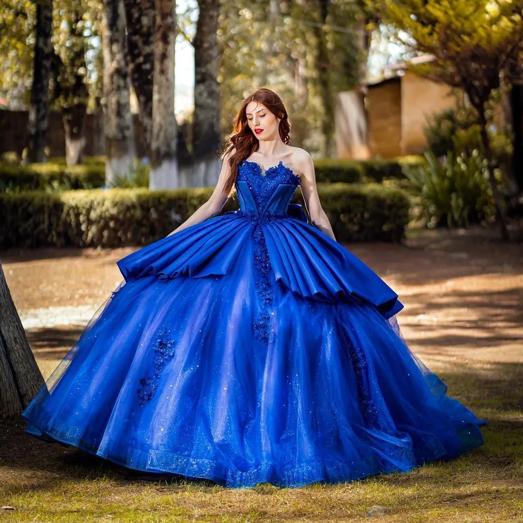 Royal Blue Princess Quinceanera Dresses Sweetheart Neck Bow Back Corset Ball Gown Long Train Sweet 16 Dress Spets Appliques Satin and Organza Special Occase Wear