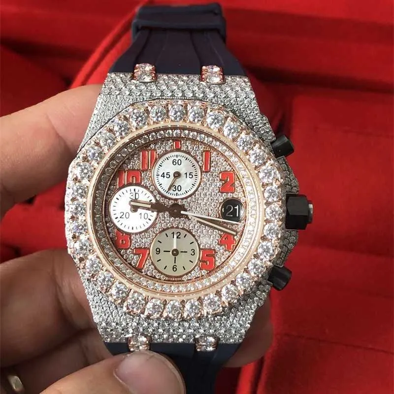 10A AP Diamond 2023 Sier Wersja Moissanite Watch Pass Test Automatyczny ruch Eta Mężczyźni Mężczyźni Pełne lodowe zegarki Sapphire z chronografią