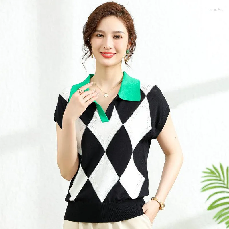 Women's Sweaters Summer Chic Ice Silk Knit Blouse With Shoulder-Length Sleeves And Geometric Design Black-White Diamond Print Knitwear