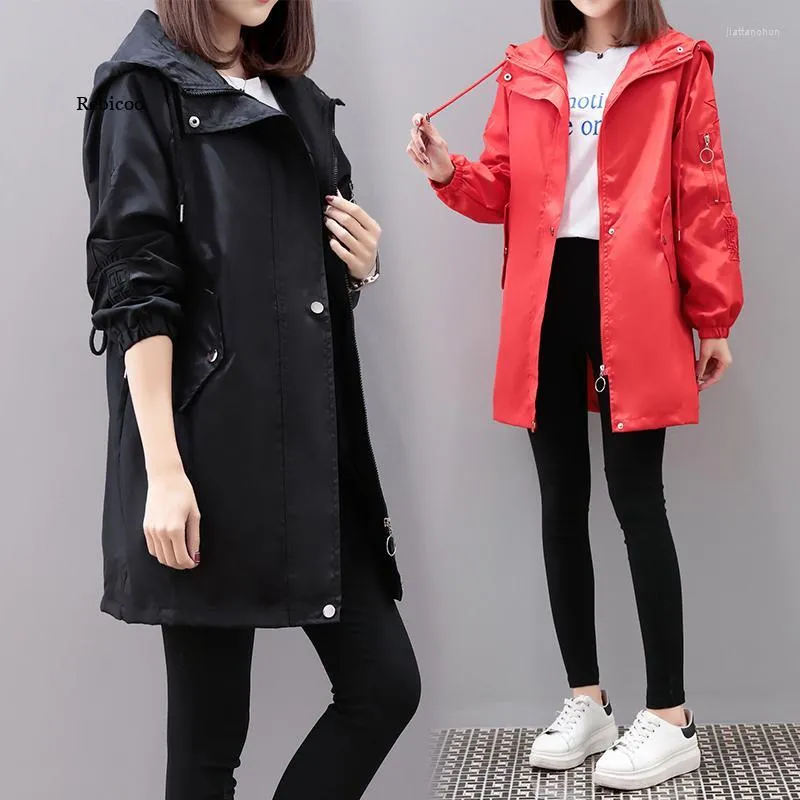 Trenchs de femmes manteaux manteau femmes noir rouge printemps automne moyen long lâche capuche coréenne femme coupe-vent vêtements d'extérieur