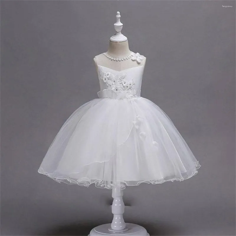 Girl Dresses White Applique Flower Dress Beach A-line Kids Princess Sleeveless Ball Gown Tea Length Wedding Dance Tulle Prom