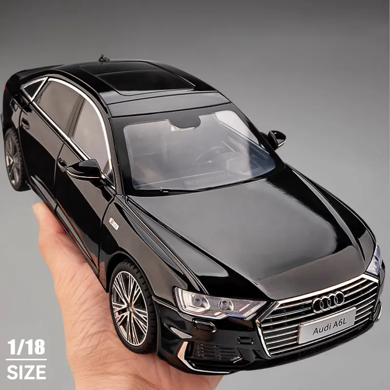 Modelo fundido a presión 1/18 Audi A6 Limusina Aleación Die Cast Toy Modelo de coche Sonido y luz Tire hacia atrás Juguete para niños Coleccionables Adornos de regalo de cumpleaños 230901