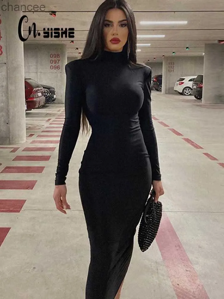 Grundläggande avslappnade klänningar cnyishe kvinnor turtleneck svart sexig bodycon maxi klänning 2022 vinter casual streetwear costume casual going out klänningar kvinnor robe lst230904