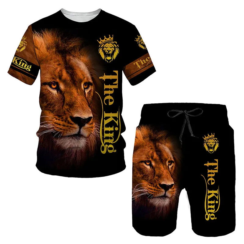 Nowa moda Kobiety / Mens Lion Funny 3D Print T-shirt / Jogger Shorts Casusal Tracksuit Sets S-7xl 007