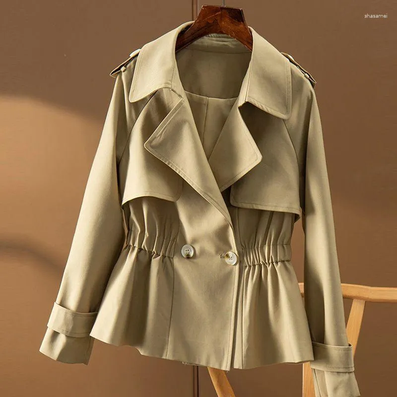 Trench-coat court coupe-vent pour femmes, couleur unie, ceinture, Double boutonnage, manteau polyvalent, printemps et automne 2023