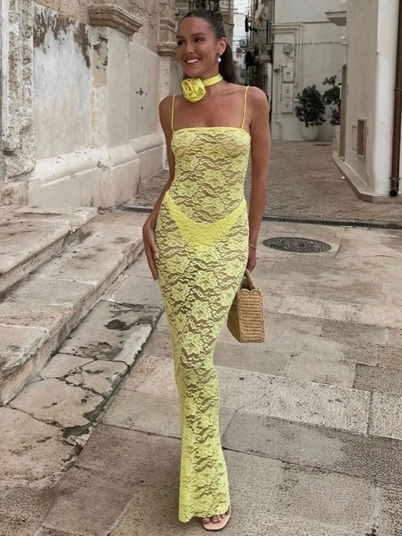 High Street Chic: Pakaian Wanita elegan Gaun renda Maxi Panjang Hollow Out casual lace dress with Metal Bodycon and Solid Color - Style 230904