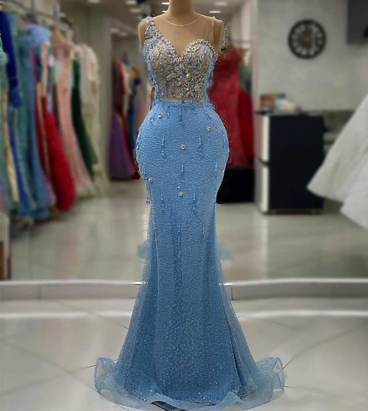 2023 Aso Ebi arabe ciel bleu sirène robe de bal cristaux perlés sexy soirée formelle fête deuxième réception anniversaire robes de fiançailles robes robe de soirée ZJ361