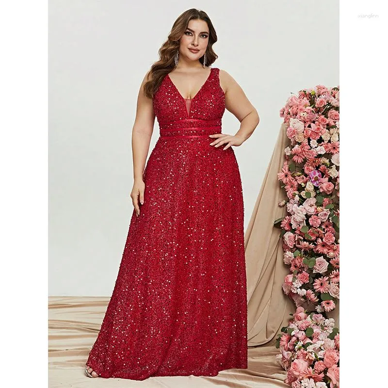 Plus Size Dresses V Neck Sleeveless Luxury Sequin Floor Evening Gown Big Black Sexy Banket Prom Dress for Women 2023