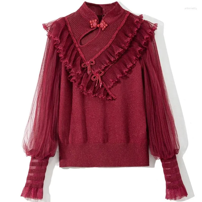 Women's Sweaters High Quality 2023 Autumn Winter Jumpers Ladies Ruffle Lace Beading Deco Long Sleeve Casual Red White Black Pullover