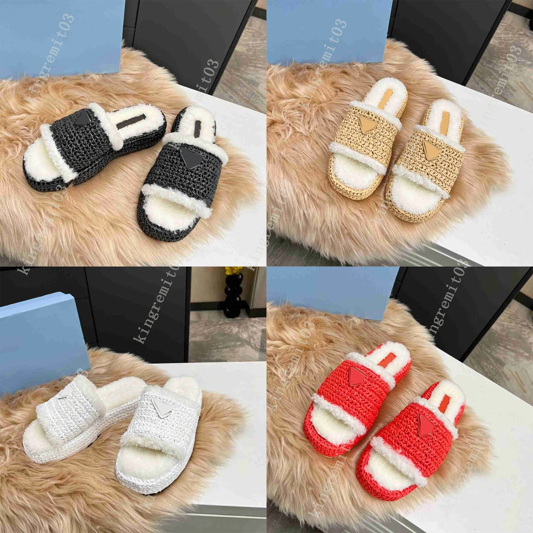 Designer Raffia Straw Slippers Women Plush Slippers Furry Slides Casual Fashion Multi color Flat Knitted Slippers Retro Beach Outwear Sandals