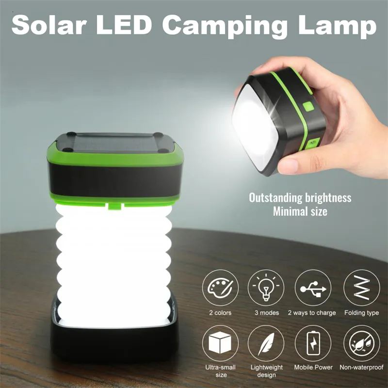 Andra evenemangsfestleveranser Solar LED Camping Light USB laddningsbar lykta lampa vattentät utomhustält Ljus Portable Emergency Garden Lighting 230901