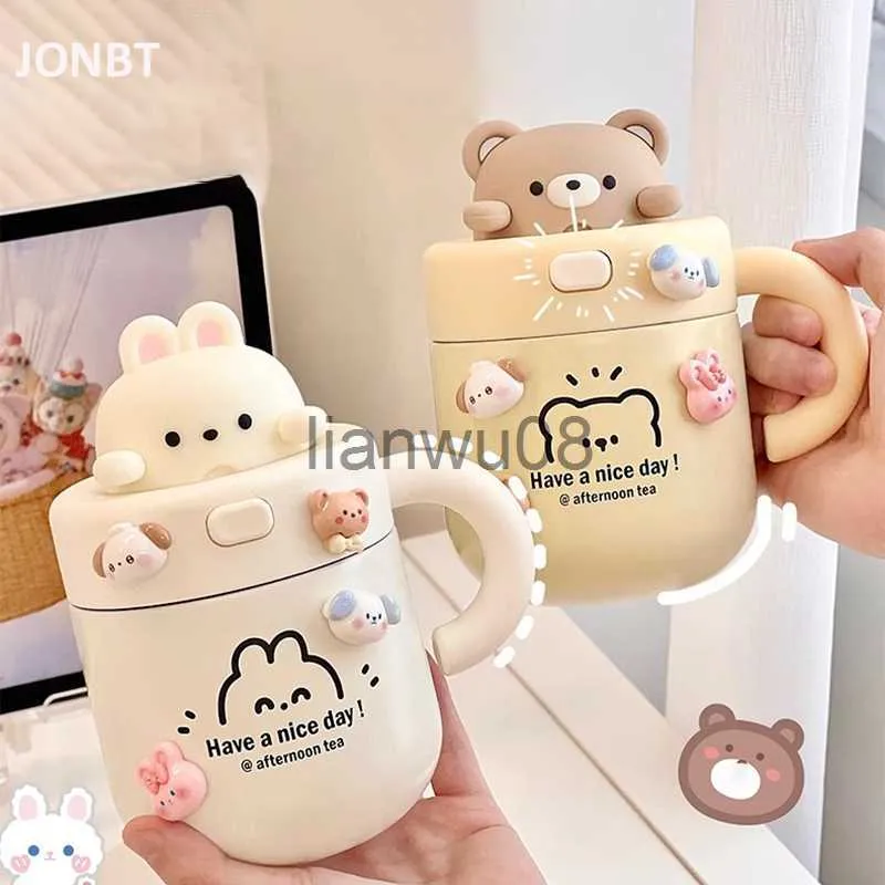 Чашки Посуда Посуда Kawaii Bear Кофе Термальная чашка для холодных напитков Вода Чай Молоко Термос Кружка Чашка из нержавеющей стали с соломенной крышкой Портативная бутылка x0904