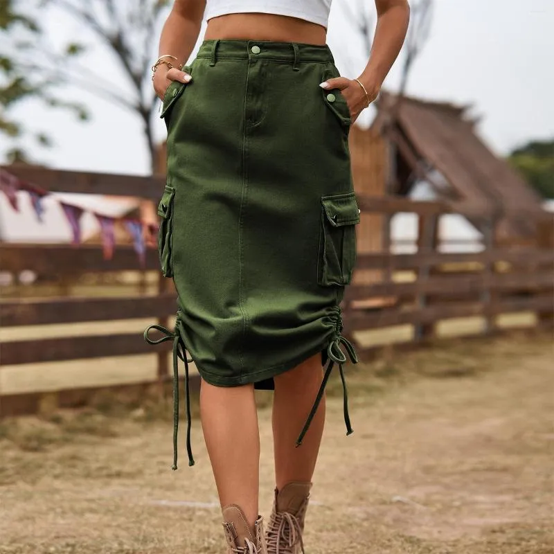 Skirts Y2k Midi Women Cargo Hipster Harajuku Vintage Loose Girls Fashion Ulzzang Chic Streetwear Ruched Drawstring Long