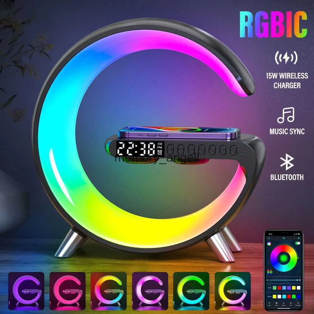 Portabla högtalare Smart App LED RGB Night Light Atmosphere Desk Lamp Alarm Clock Högtalare Trådlös laddare för iPhone Samsung Room Decor Desktop HKD230904