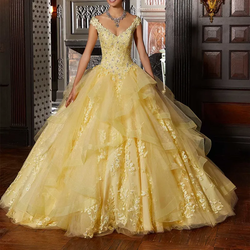 Light Yellow or Gold Sparkle Beaded Lace Applique Ballgown Wedding Dress  With Glitter Tulle Various Styles - Etsy | Yellow wedding dress, Ball gowns,  Girls ball gown