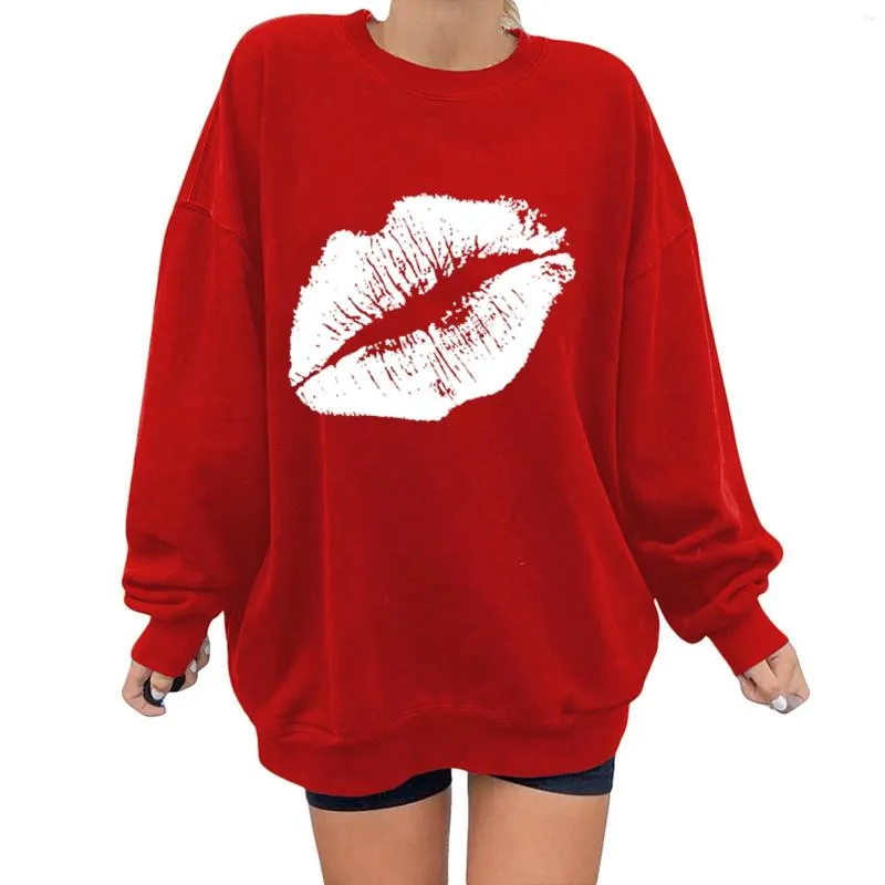 Dameshoodies Dames Pullover met rode lip en print Casual lange mouwen Ronde hals Oversized sweatshirt Grappige grafische top Dames Herfst Winter