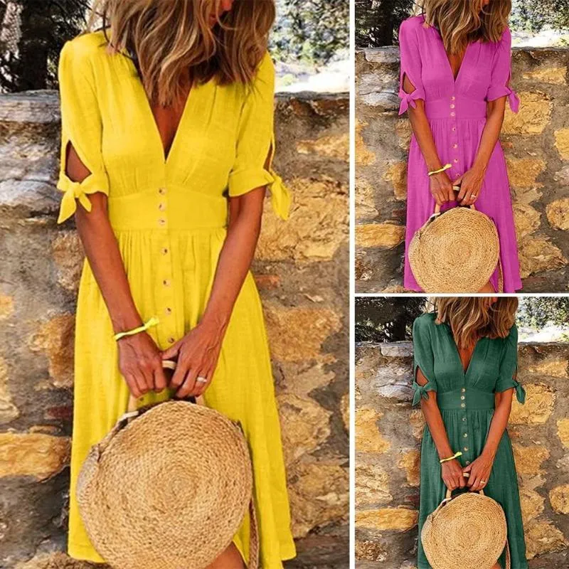 Casual Dresses Women Fashion Solid Color Deep V Neck Tied Half Sleeve Button Party Long Dress Summer Female Clothes Vestidos