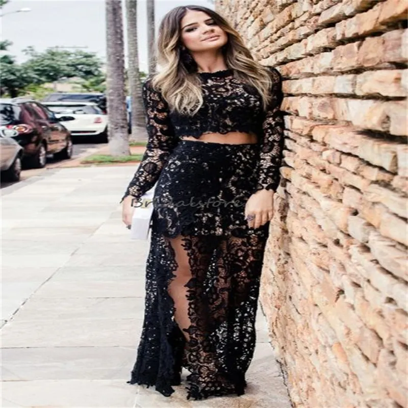 Two Piece Evening Dress: Full Lace Long Sleeve Maxi Prom Gown With