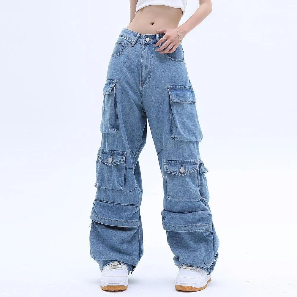 Jeans da donna Complessivo Warna Solid Saku Wanita Y2K Street Retro Longgar Lebar Kaki Keseluruhan Pasangan Kasual Celana Joker Mengepel 230904