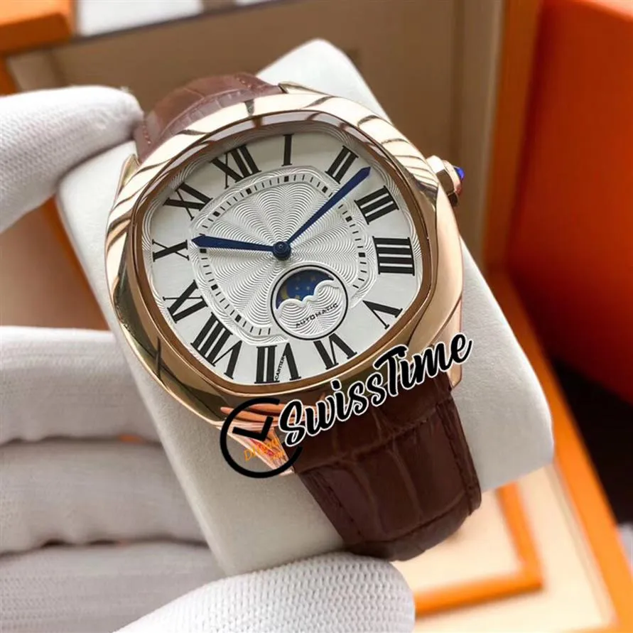 NY Drive Moon -fas WGNM0008 Automatisk herrar Titta på vit textur Dial Rose Gold Case Brown Leather Strap Gents Watches Swisstime 5308f