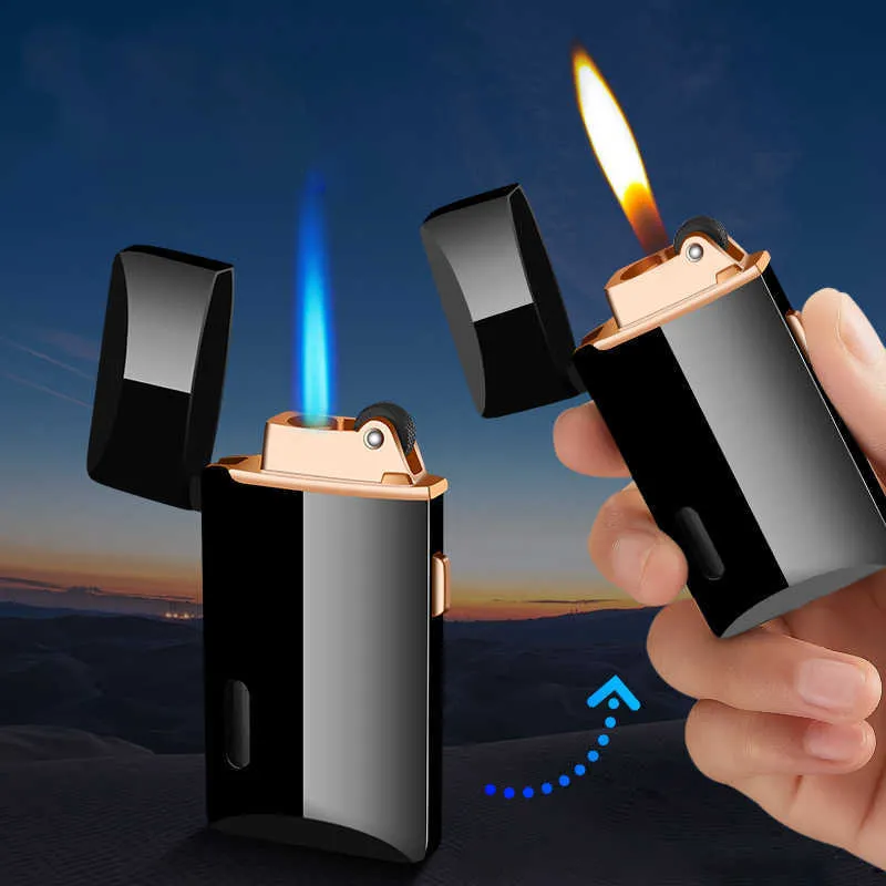 Two Flames Cigarette Lighter No Gas Lighter Turbo Lighters smoking accessories Gadgets For Men Creative Electronic Lighters 9VN4