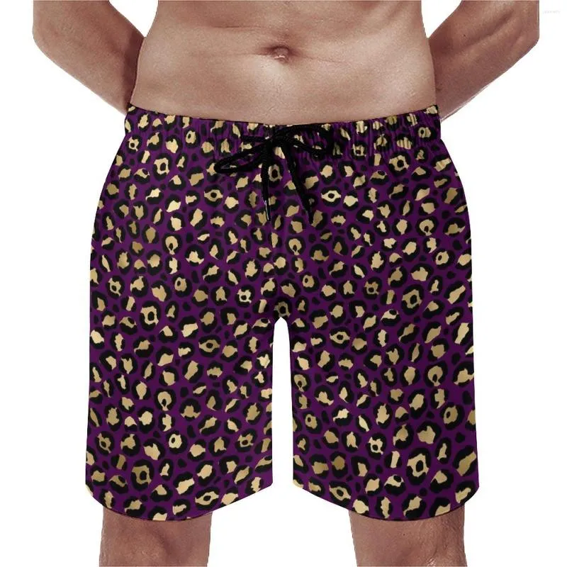 Short de plage élégant à taches léopard pour hommes, violet et or, confortable, sport, pantalon court de grande taille