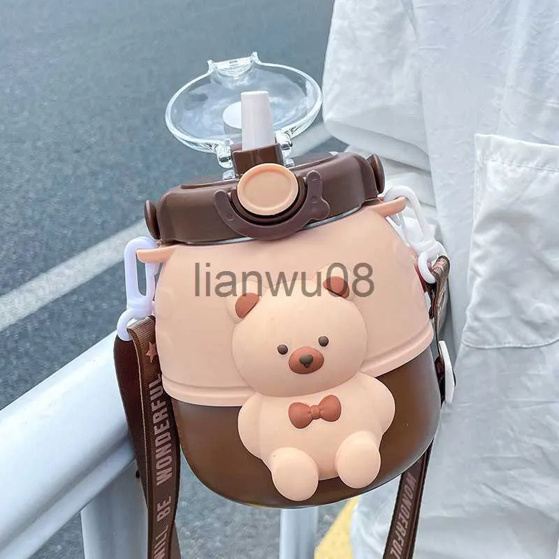 Tazze Piatti Utensili Simpatico orso Thermos in acciaio inossidabile Bottiglia d'acqua con cannuccia per bambini Scuola Tazza di isolamento termico sottovuoto Bollitore di grande capacità x0904