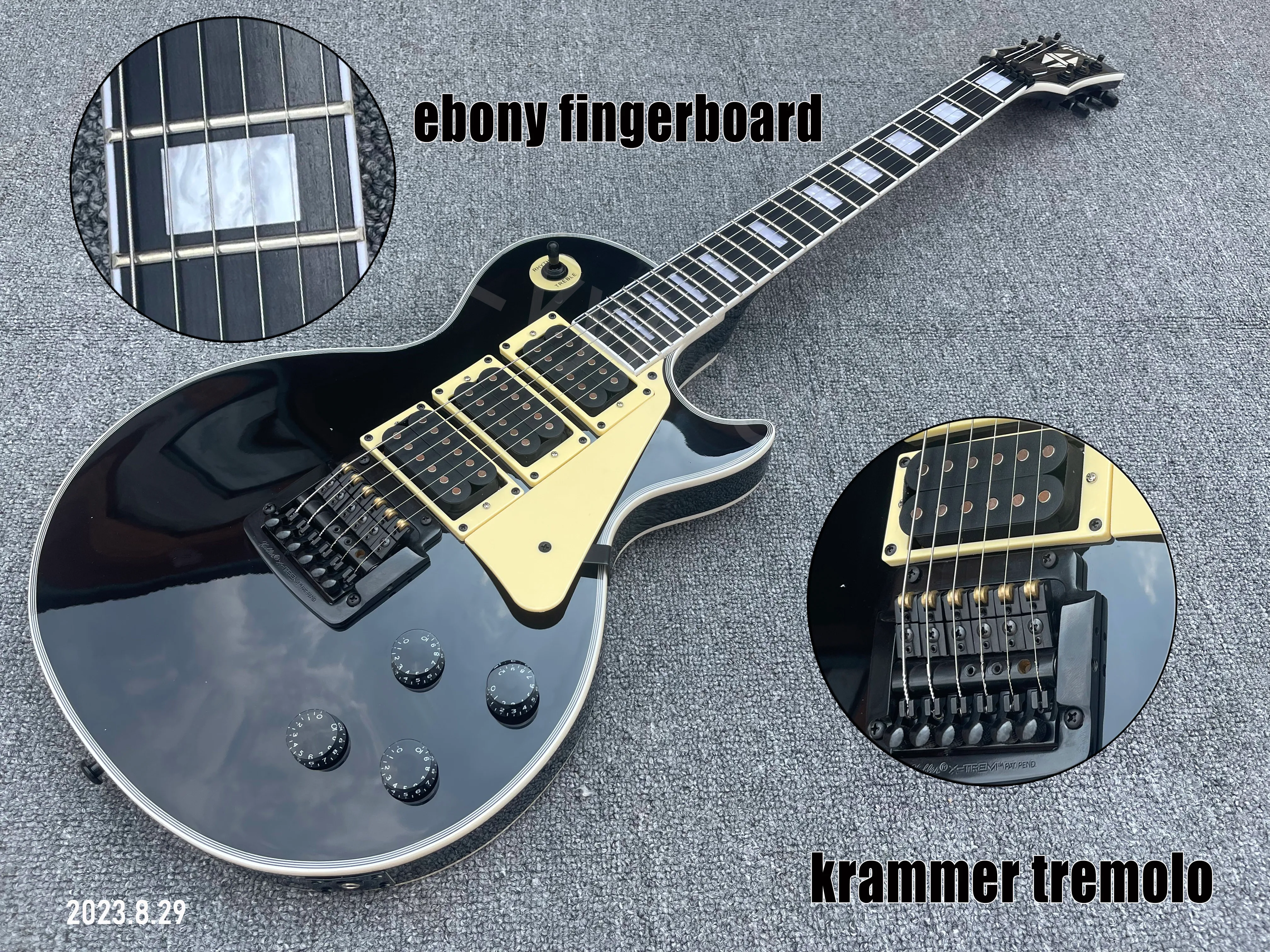 Chitarra elettrica solida colore nero pickup HHH lucidi con battipenna color crema coda stile Krammer parti nere tastiera in ebano