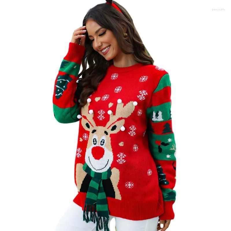 Suéteres de mujer Navidad copo de nieve Reno suéter tejido manga larga cuello jersey prendas de punto Tops iluminados
