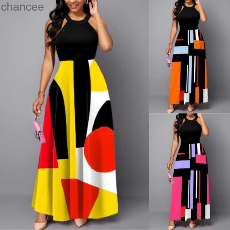 Basic Casual Dresses New Sleeveless Women's 2023 Summer Fashion Splicing Print Plus Size A-Line Dress Sexy And Elegant Tie Dye Hanging Neck Dress LST230904