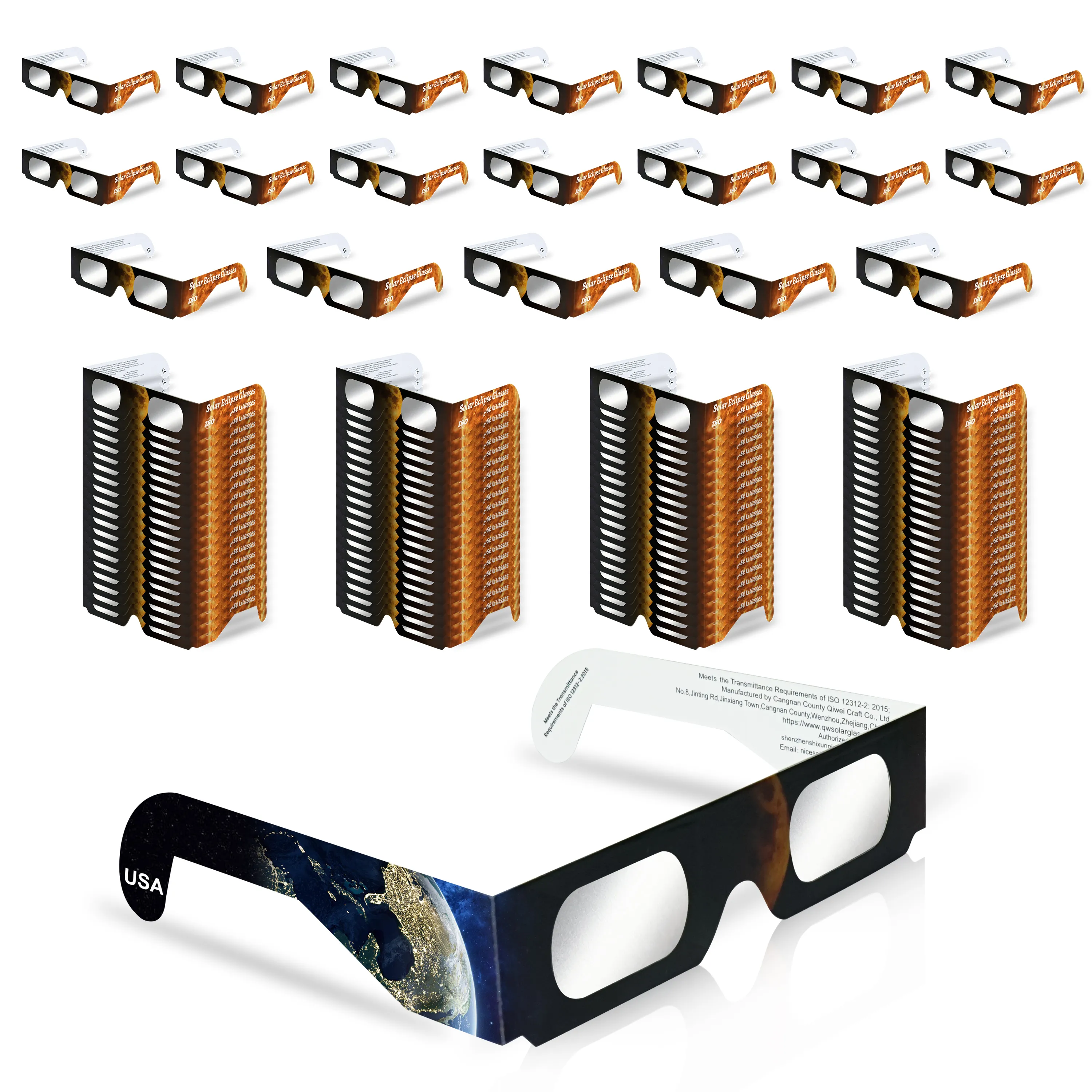 Confezione da 100 occhiali per eclissi solare realizzati dalla fabbrica approvata AAS, paralume Eclipse certificato CE e ISO per la visione diretta del sole