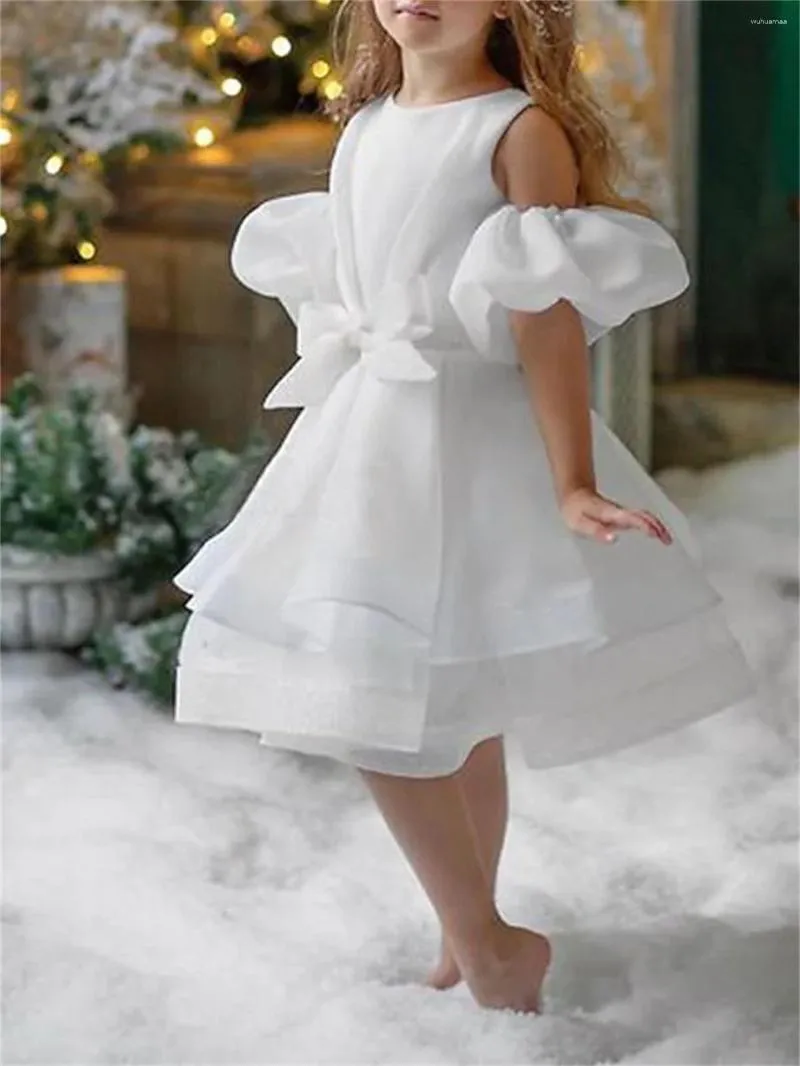 Robes de fille en tulle blanc superposé avec nœud brillant, robe à fleurs de mariage, mignon petit enfant, premier bal eucharistique